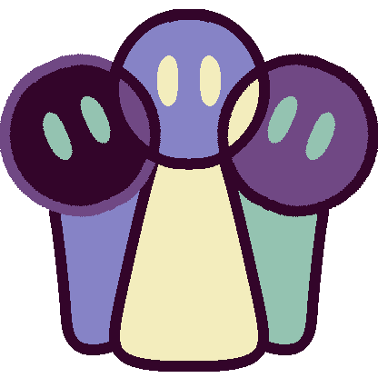three overlapping figures in the colors of the kenochoric plural flag (three shades of purple, light green and yellow)